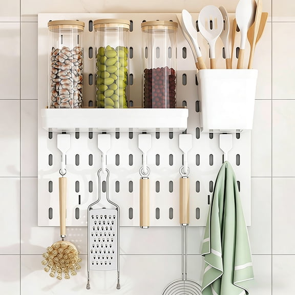 Plastic Storage Rack Plastic No Punch Pegboard Wall Mount with Drains Basket and Hooks, Multi Functional Storage Rack for Kitchen Wall Organizer(White) Rkxzt