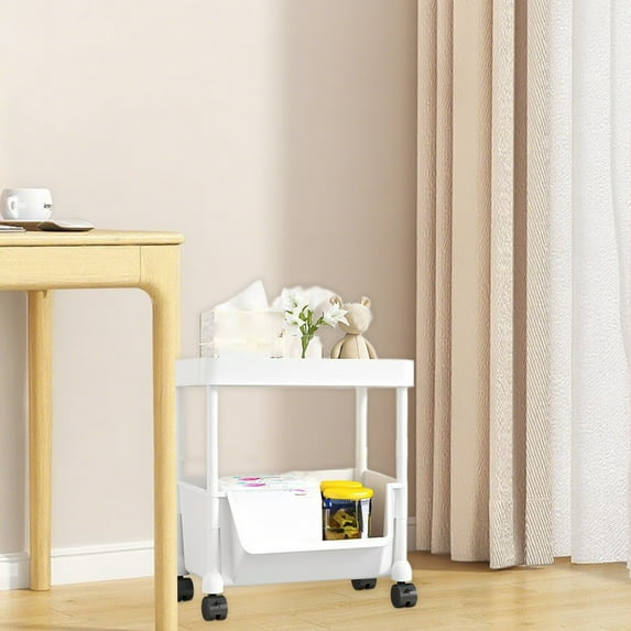 Plastic Storage Shelf with Wheels, Large Capacity 4-Tier Rolling Utility Cart, Multi Layer Organizer Rack with Hooks & Guardrails, Movable Shelving Unit for Bedroom, Kitchen, Bathroom, Living Room