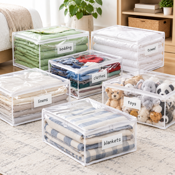 Plastic Storbags With Easy-glide Zipper Pack Of 6 Durabler Vinyl Zippered For Clothesersforters Blankets Sheets Bedding (15.7 X 1