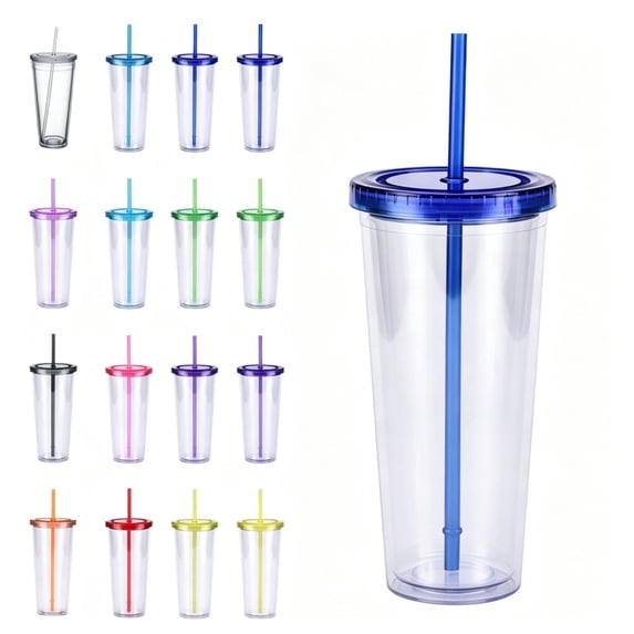 Plastic Straw Cup 24 Ounces Clear Tumbler with Lid Reusable Cold Drink Bottle for Iced Coffee and Smoothies Travel Mug Blue Pack of 1