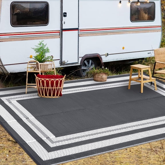 Plastic Straw Outdoor Rug 8 Feet by 10 Feet Reversible Waterproof Portable Floor Mat for Patio Porch Balcony RV Camping Picnic Beach Grey White Panel