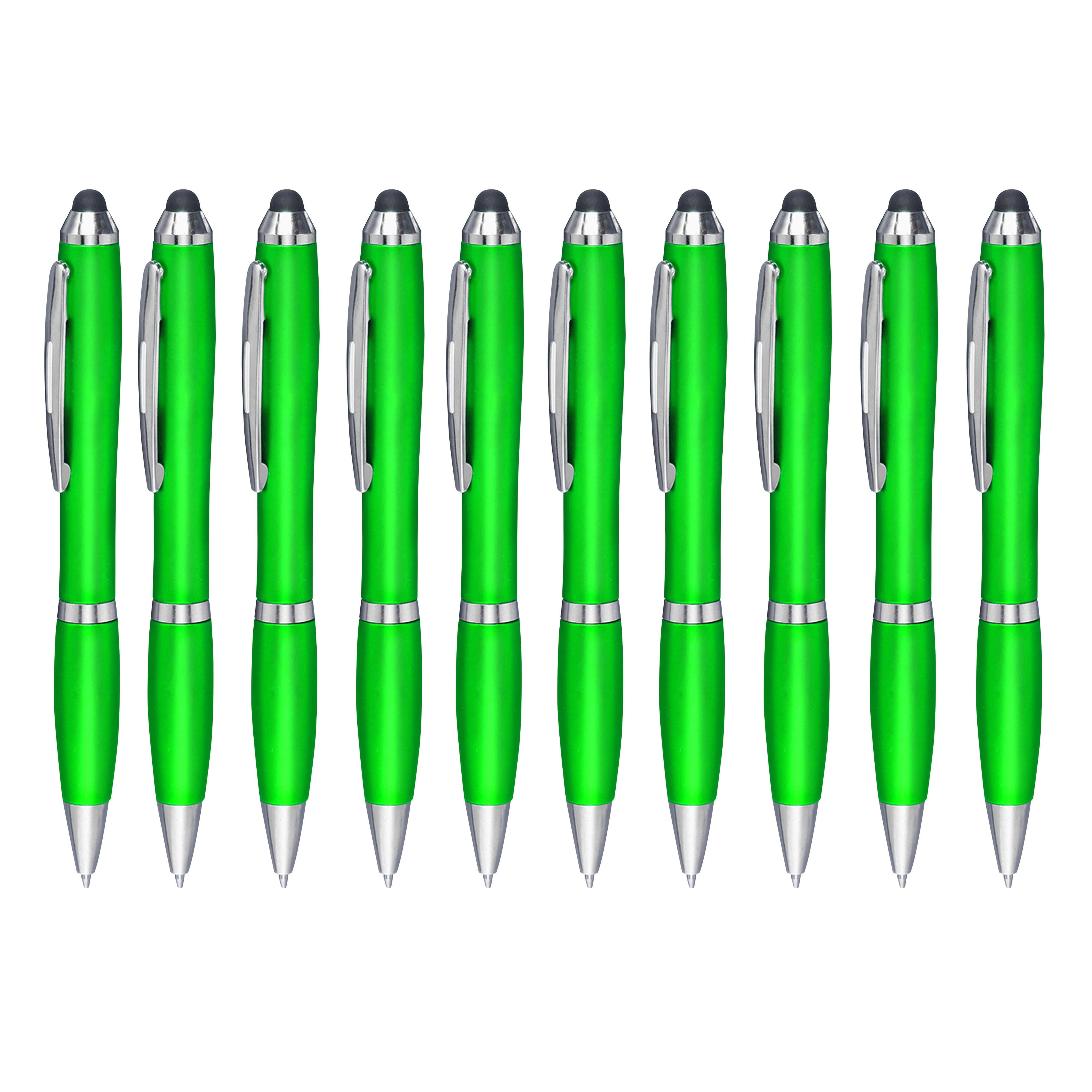 Plastic Stylus Pens Set of 10, Bulk Pack - Black Ink, Great for Office, School, Business, Tradeshows, Events - Green