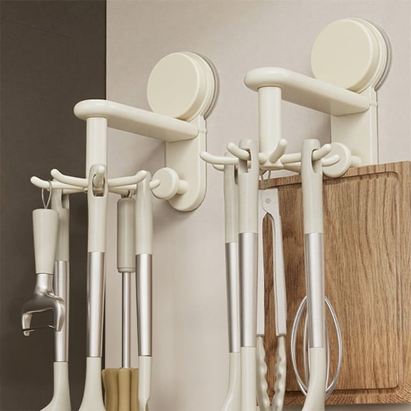 Plastic Suction Cup Wall Mounted Kitchen Utensil Holder - 360° Rotating Hook Rack for Spatulas, Ladles & Cutting Boards - No Drilling Storage Organizer for Tile, Glass Surfaces - White/Gray
