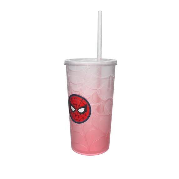 Plastic Superhero Tumbler Cup with Lid and Straw, Red Web Graphic Reusable Cold Drink Cup for Party