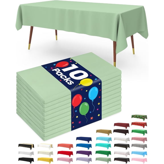Plastic Table Cloth Disposable 10 Pack, 52 x 70 Inch Table Cloths, Easter Party, Decorative Tablecloths, Rectangle, Light, Pastel Plastic Cover, Waterproof & Sturdy, Sage Green