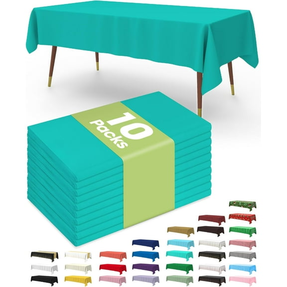 Plastic Table Cloth Disposable 10 Pack, 54 x 108 Inch Table Cloths, Easter Party, Summer, Decorative Tablecloths, Rectangle, Turquoise Plastic Cover, Leakproof & Sturdy, Teal