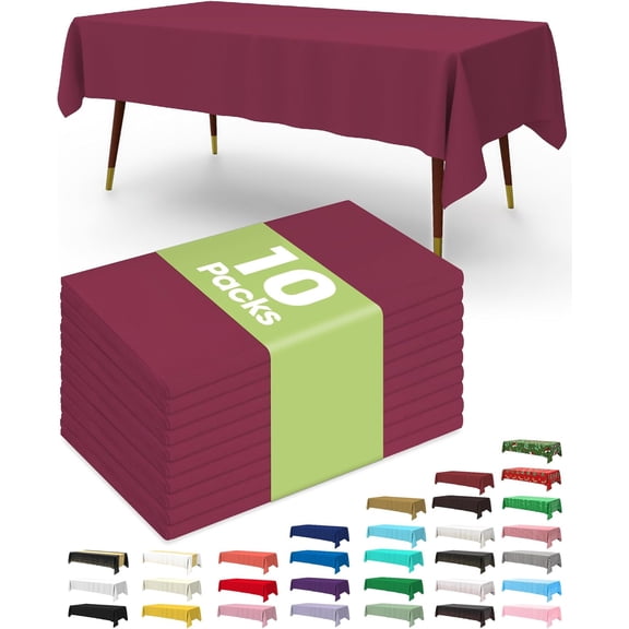 Plastic Table Cloth Disposable 10 Pack, 54 x 108 Inch Table Cloths, Party, Thanksgiving Decorations, Harvest, Fall Tablecloths, Rectangle, Maroon Plastic Cover, Leakproof & Sturdy, Burgundy
