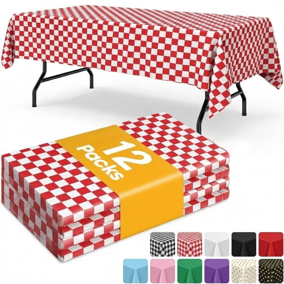 Sm:)e Plastic Table Cloth Disposable 12 Pack, 54 x 108 Inch, Red White Checked, for Party Picnic Wedding