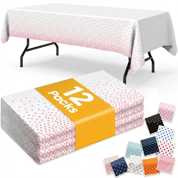 Plastic Table Cloth Disposable 12 Pack, 54 x 108 Inch, White, Pink Dot, for Party Picnic Wedding
