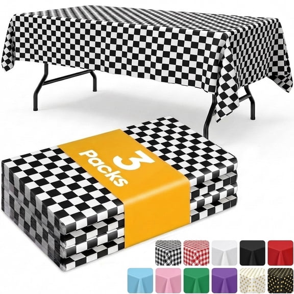 Sm:)e Plastic Table Cloth Disposable 3 Pack, 54 x 108 Inch, Black White Checked, for Party Picnic Wedding