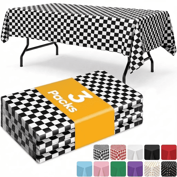 Sm:)e Plastic Table Cloth Disposable 3 Pack, 54 x 108 Inch, Black White Checkerboard, for Party Picnic Wedding
