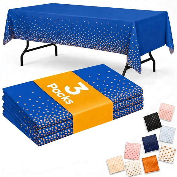 Plastic Table Cloth Disposable 3 Pack, 54 x 108 Inch, Dark Blue, Gold Dot, for Party Picnic Wedding