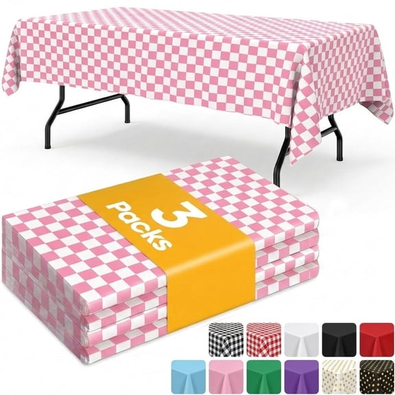 Sm:)e Plastic Table Cloth Disposable 3 Pack, 54 x 108 Inch, Pink White Checked, for Party Picnic Wedding