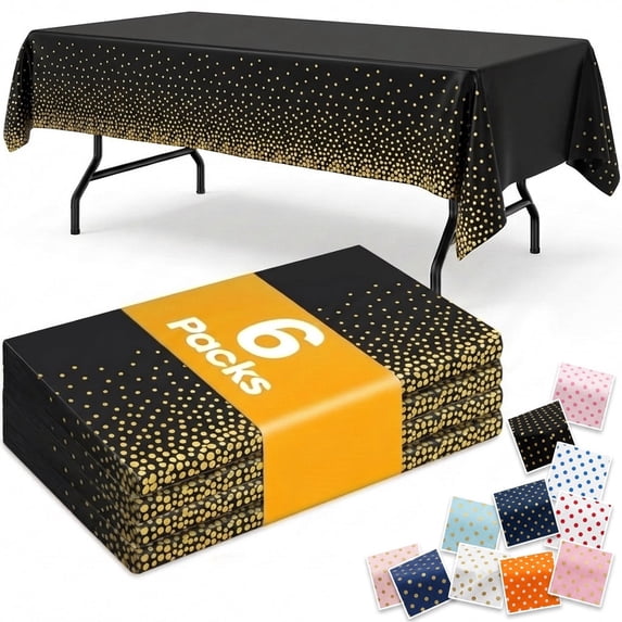 Plastic Table Cloth Disposable 6 Pack, 54 x 108 Inch, Black, Gold Dot, for Party Picnic Wedding