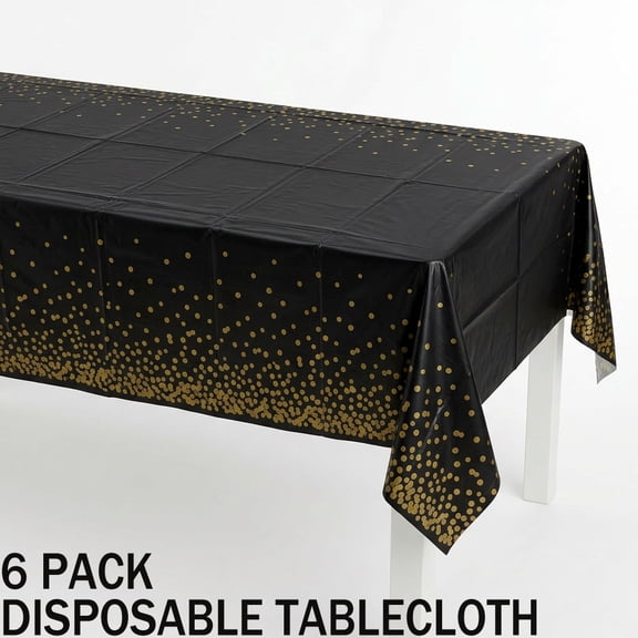 Plastic Table Cloth Disposable 6 Pack, 54 x 108 Inch, Black, Gold Dot, for Party Picnic Wedding