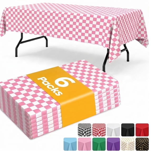 Sm:)e Plastic Table Cloth Disposable 6 Pack, 54 x 108 Inch, Pink White Checked, for Party Picnic Wedding