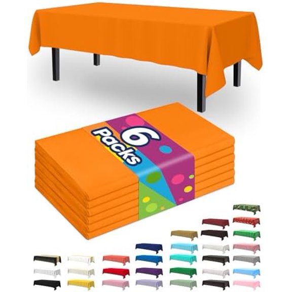 Plastic Table Cloth Disposable 6 Pack, 54 x 108 Inch Table Cloths, Halloween Party, Thanksgiving Decorations, Harvest, Fall Tablecloths, Rectangle Tables, Waterproof, Orange