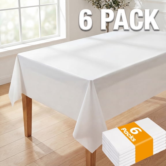 Plastic Table Cloth Disposable 6 Pack, 54 x 72 Inch, White, for Party Picnic Wedding