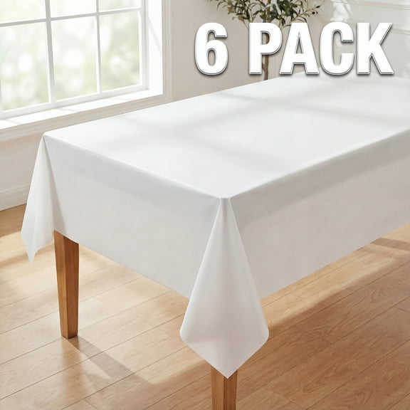 Plastic Table Cloth Disposable 6 Pack, 54 x 72 Inch, White, for Party Picnic Wedding