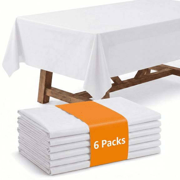 Plastic Table Cloth Disposable 6 Pack, 54 x 72 Inch, White, for Party Picnic Wedding
