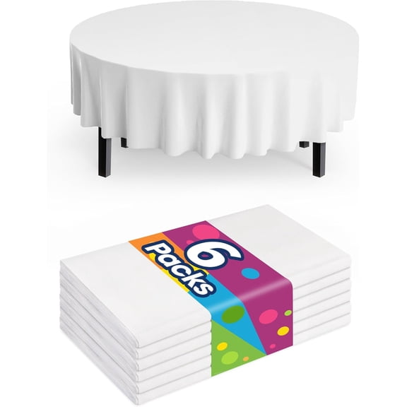 Plastic Table Cloth Disposable 6 Pack, 84'' Round Table Cloths, Party, Picnic, Wedding, Decorative Tablecloths, Round, White Plastic Cover, Waterproof, White