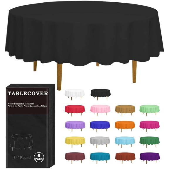 Plastic Table Cloth Disposable, 6 Pack Black Round Tablecloth Individually Wrapped for Indoor&Outdoor, 84 Inch Table Cover for Party, Picnic, Birthday, Wedding & Dinner