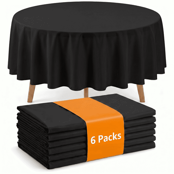 Plastic Table Cloth Disposable 6 Pack, Round 84 Inch, Black, for Party Picnic Wedding