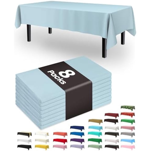 Plastic Table Cloth Disposable 8 Pack, 54 x 108 Inch Table Cloths, Easter Party, Picnic, Wedding, Decorative Tablecloths, Rectangle, Baby Blue Plastic Cover, Leakproof & Sturdy, Light Blue