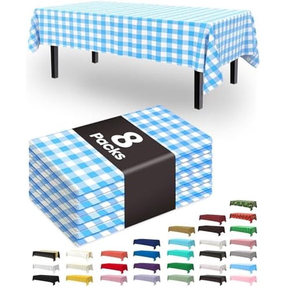 Plastic Table Cloth Disposable 8 Pack, 54 x 108 Inch Table Cloths, Party, Picnic, Decorative Gingham Tablecloths, Rectangle, Blue and White Checkered Cover, Leakproof & Sturdy, Blue Plaid