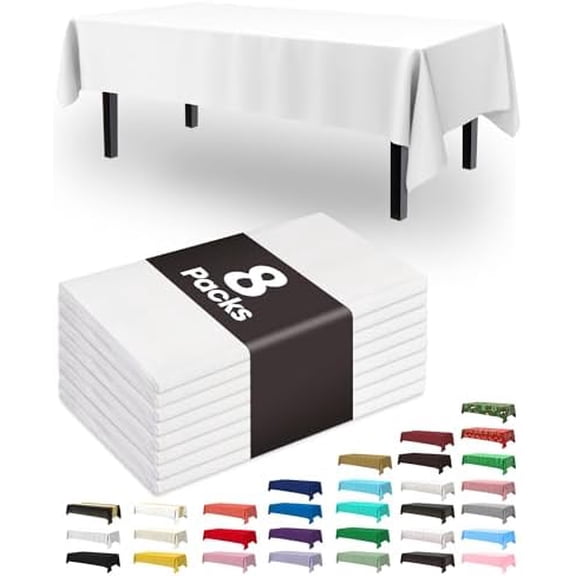 Plastic Table Cloth Disposable 8 Pack, 54 x 108 Inch Table Cloths, Party, Picnic, Wedding, Decorative Tablecloths, Rectangle, White Plastic Cover, Leakproof & Sturdy, White