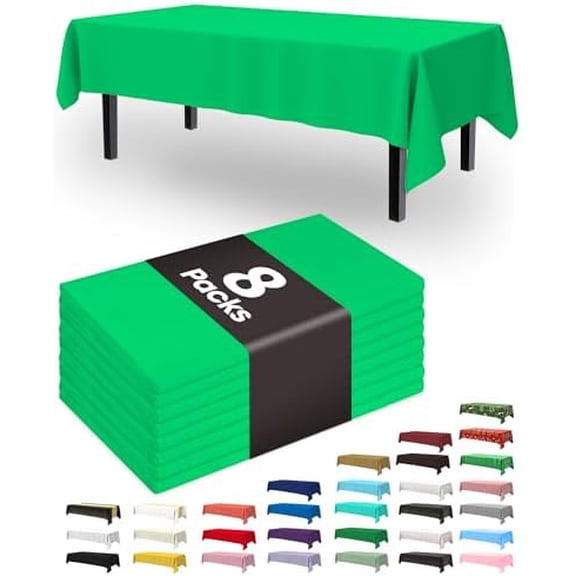 Plastic Table Cloth Disposable 8 Pack, 54 x 108 Inch Table Cloths, St Patricks Day, Christmas Decorations, Tablecloths, Rectangle, Forest, Emerald, Plastic Cover, Leakproof & Sturdy, Green