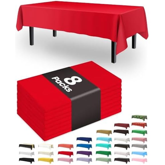 Plastic Table Cloth Disposable 8 Pack, 54 x 108 Inch Table Cloths, Valentines Day, Thanksgiving, Christmas Decorations, Fall Tablecloths, Rectangle, Plastic Cover, Leakproof & Sturdy, Red