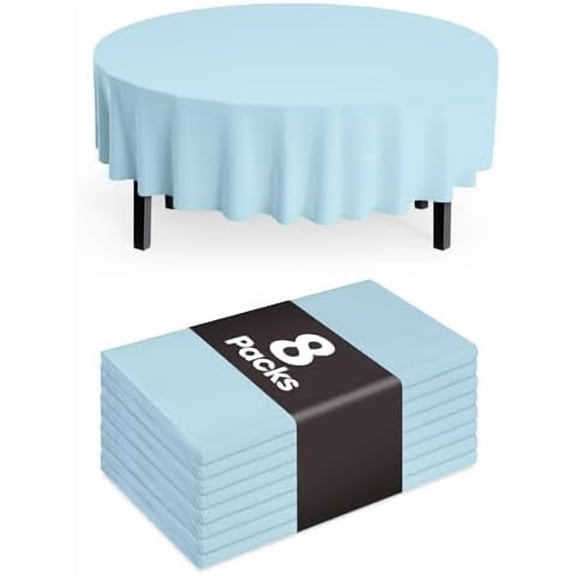 Plastic Table Cloth Disposable 8 Pack, 84'' Round Table Cloths, Easter Party, Picnic, Wedding, Decorative Tablecloths, Round, Baby Blue Plastic Cover, Leakproof & Sturdy, Light Blue