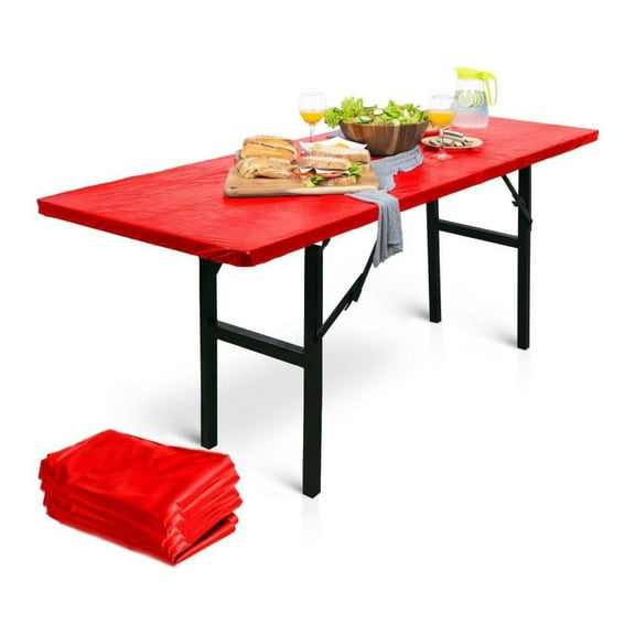 Plastic Table Cloths Disposable for Parties 8ft Picnic Table Covers with Elastic Fitted Camping Tablecloth with Elplasastic Rectangle Waterproof Outdoor (Red, 2 X 5 Pack - 6ft)