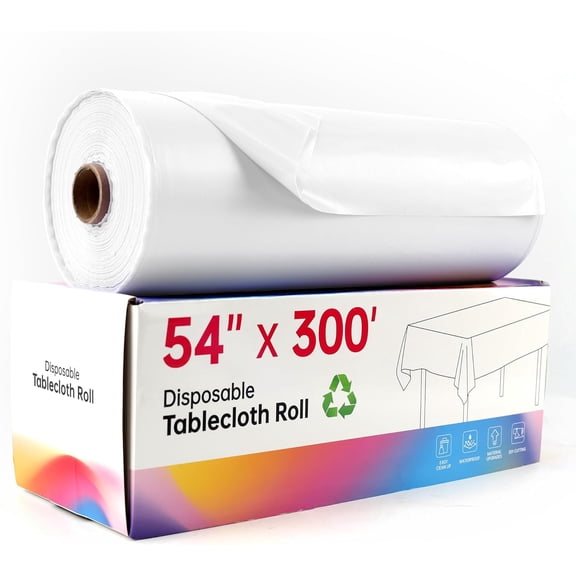 Plastic Table Cover Roll, White Disposable Tablecloth 54IN X 300FT with Slide-Cutter Box for Rectangle and Round Tables, Waterproof PEVA Table Cloth Roll for Picnic, Party, Birthday, Wedding