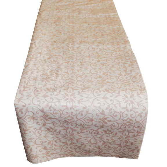 Plastic Table Runner Non-Slip Flannel Backing - Floral Vines Beige