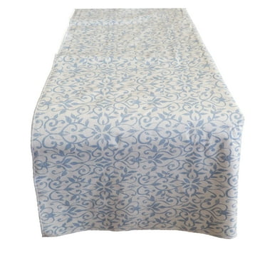 Plastic Table Runner Non-Slip Flannel Backing - Floral Vines Blue