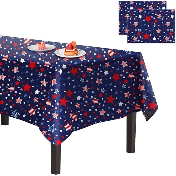Plastic Tablecloth, 54 X 108 In, 2 Pack, Disposable Rectangle Table Cover, Patriotic Star Print, Navy Blue, For Fourth Of July And Memorial Day Decor
