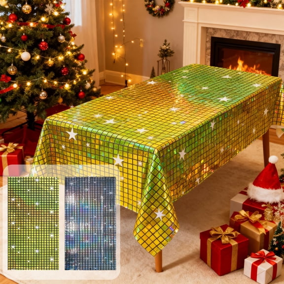 Plastic Tablecloth Christmas Lasers Snowflake Sequin Tablecloth 270x100cm Gold Holographic Plastic for Holiday Party Decor 1Pcs JASKFLY