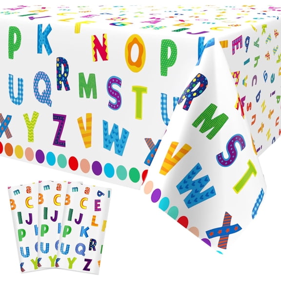 Plastic Tablecloth Set, 3-Piece 54 X 108 Inch, ABC Alphabet Educational Party Table Cover For Early Learning, Boys And Girls Birthday Party Supplies