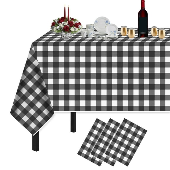 Plastic Tablecloths for Rectangle Tables 3 Pack 54" x 108" Black White Checkered Table Cloths Disposable for 6 to 8 Foot Tables Indoor or Outdoor Parties Birthdays Weddings Anniversary Buffet Table
