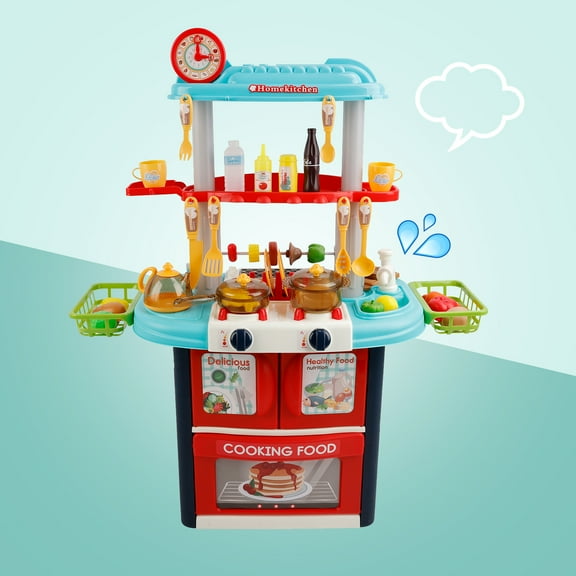 Plastic Tableware Kitchen Set With Sound, Light And Spray Function Kid Toy Blue