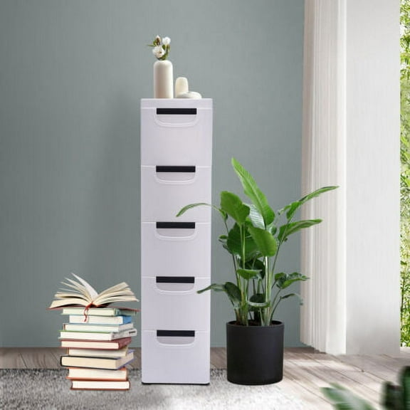 Plastic Tall Chest Stackable Vertical Furniture Rolling Storage Cabinet 5 Drawer