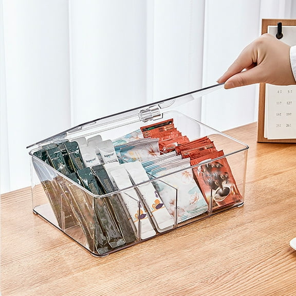 Plastic Tea Bag Divided Storage Organizer Box with Lid for Kitchen Countertop Pantry Coffee Pods Seasoning Packets Condiments Christmas Gift