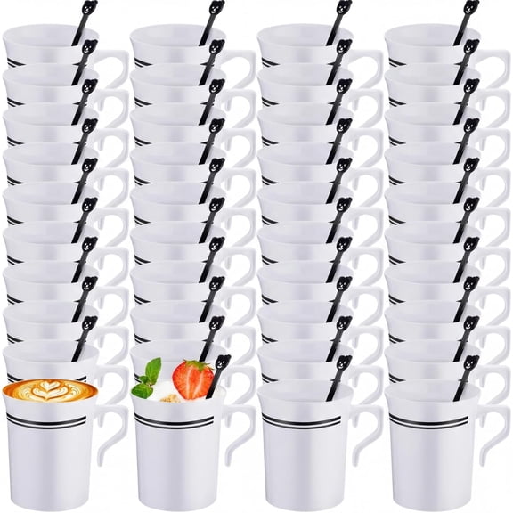 Plastic Tea Cups Bulk with Handle and Spoon, 8 oz Reusable Teacups with Gold Rim, White Coffee Mugs for Bridal Shower, Wedding, Princess Tea Party Supplies