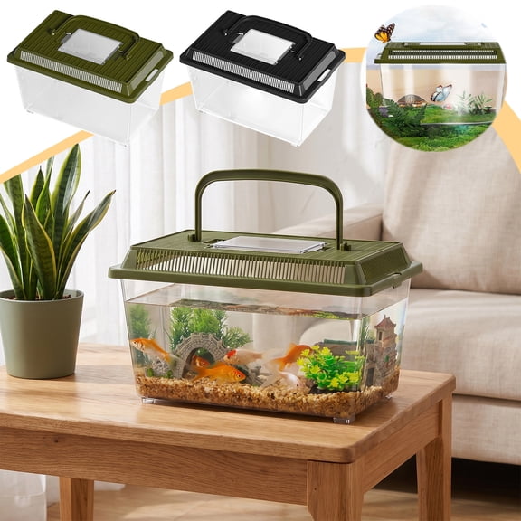 Plastic Terrarium Carrier Tank Ventilated Lid • Clear Viewing Habitat Container • Portable Handle Enclosure • Multi Use For Fish Or Small Reptiles