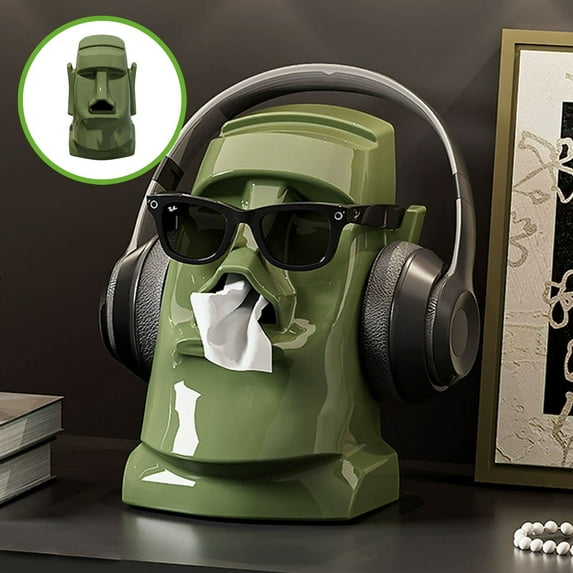 Plastic Tissue Box, Multi-Functional Desktop Organizer for Headphones & Sunglasses, Built-in Spring, White Black Green, 9.25x6.69x5.71in