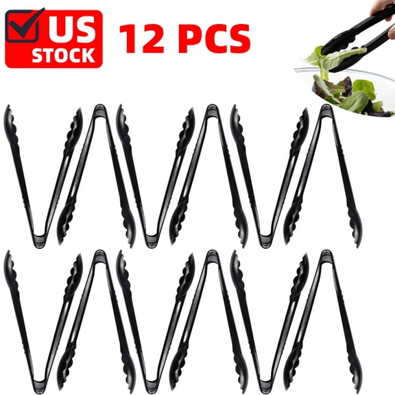 Plastic Tongs for Serving (Pack of 12) 9 Inch - Heavy-Duty Hard Plastic Reusable or Disposable Serving Tongs for Catering, Dinner Parties, Banquets, Buffets, Events, Weddings and Everyday Use, Black