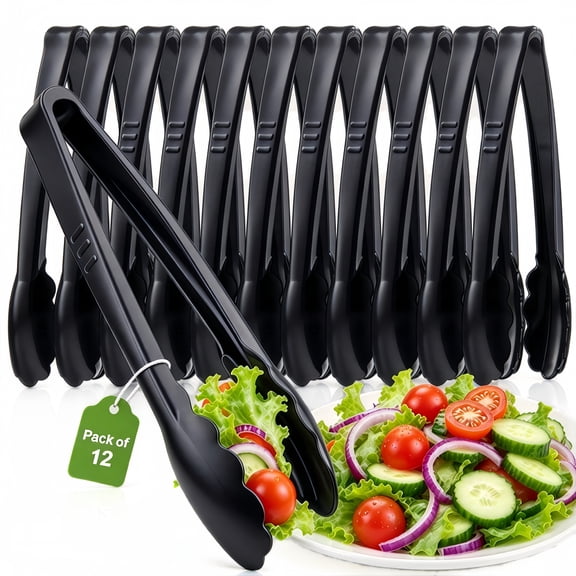 12 Pack Plastic Tongs for Serving, 9 Inch HeavyDuty Reusable Disposable Tongs for Buffet, Wedding, Catering, Party & Everyday Use,Black