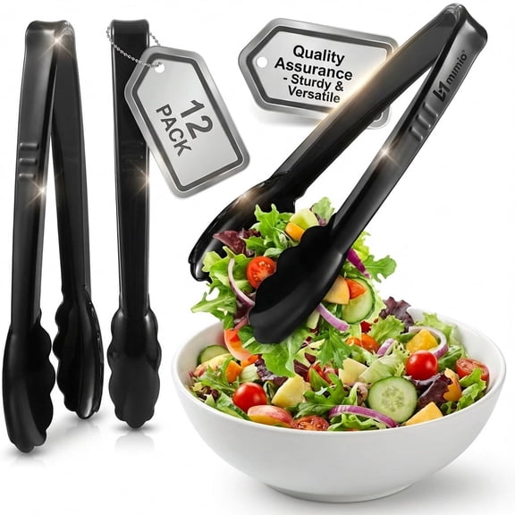 Plastic Tongs for Serving (Pack of 12) 9 Inch - Heavy-Duty Hard Plastic Reusable or Disposable Serving Tongs for Catering, Dinner Parties, Banquets, Buffets, Events, Weddings and Everyday Use, Black